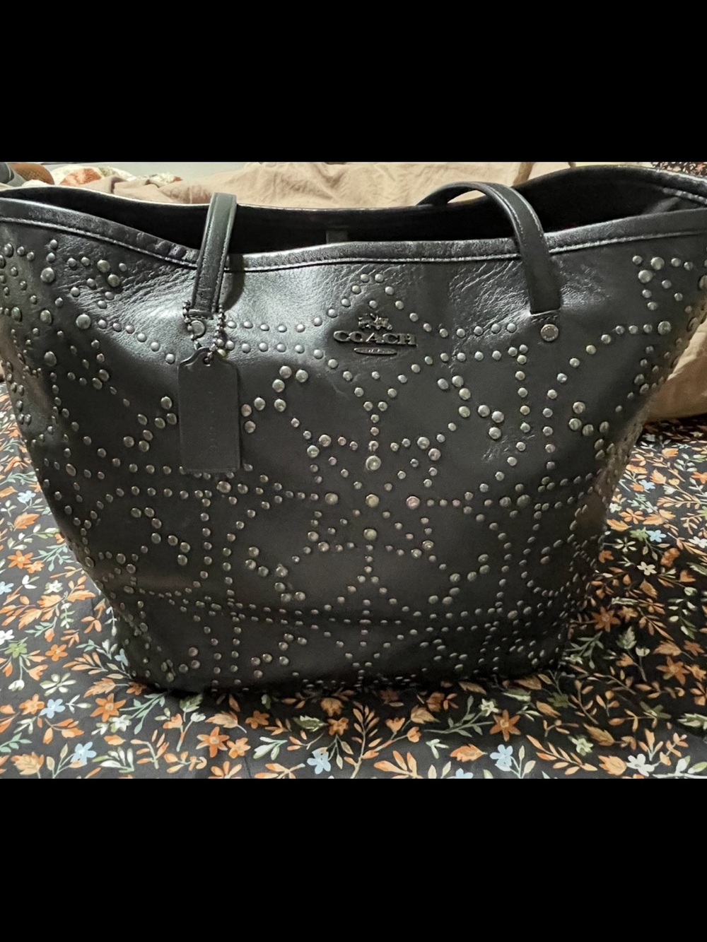 Coach Black Studded Leather Tote with Signature Logo